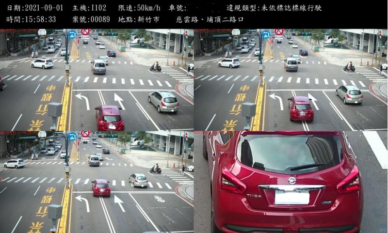 未依標誌標線行駛的車輛,無所遁形。 圖片來源:新竹市警局交通隊 未依標誌標線行駛的車輛,無所遁形。 圖片來源:新竹市警局交通隊