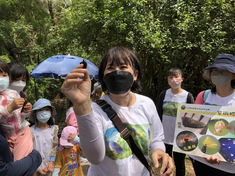 讓民眾近距離觀察紫斑蝶翅膀的幻色、雄蝶屁股開花的毛筆器。  圖片來源：新竹林管處