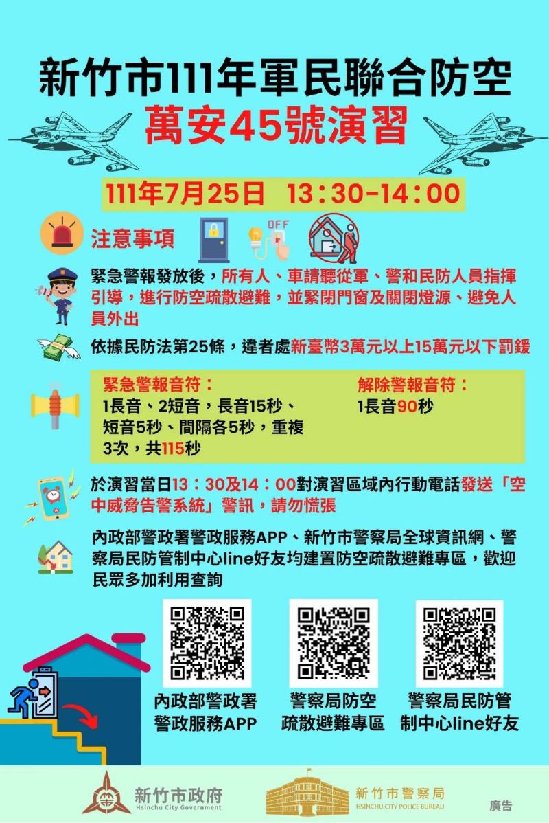 新竹市111年軍民聯合防空(萬安45號)演習,北部地區將於7月25日(星期一)13時30分實施。 圖片來源:新竹市警局 新竹市111年軍民聯合防空(萬安45號)演習,北部地區將於7月25日(星期一)13時30分實施。 圖片來源:新竹市警局