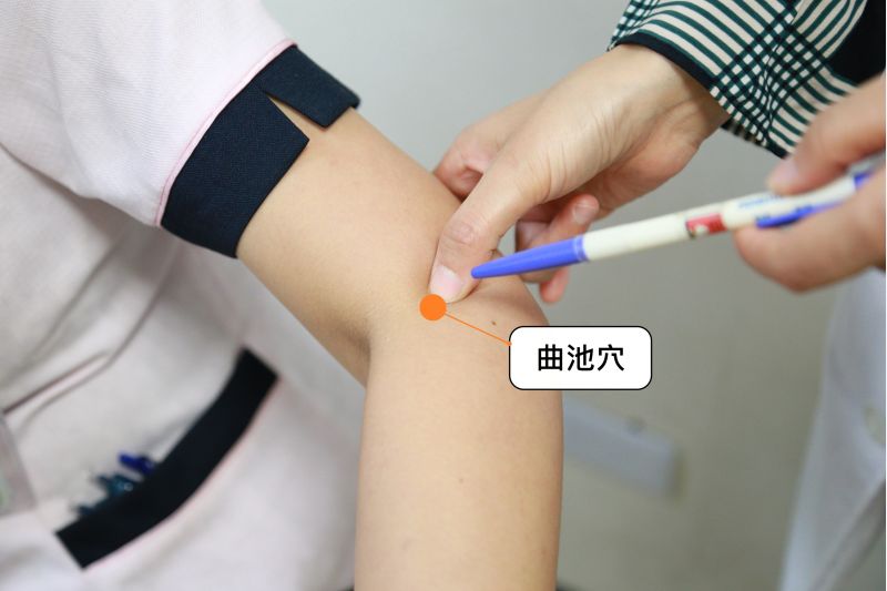 『曲池穴』(彎曲手肘,此穴位於手肘外側的肘窩橫紋盡頭) 『曲池穴』(彎曲手肘,此穴位於手肘外側的肘窩橫紋盡頭)