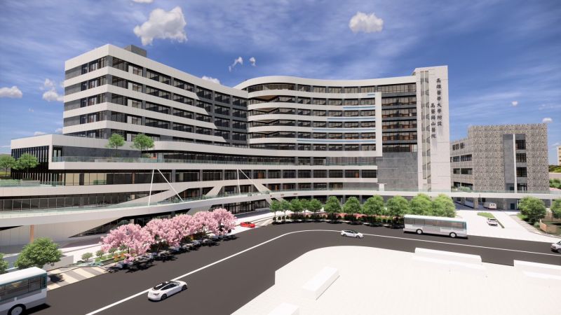 高雄捷運南岡山站附近新建中之高雄醫學大學附設高醫岡山醫院示意圖。（醫院提供）