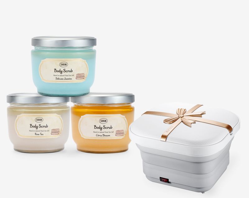 巨城1F「SABON」歡慶母親節推出Me Time足浴SPA組，身體磨砂膏(600g)3入送kinyo氣泡按摩摺疊足浴  圖片來源：遠東巨城