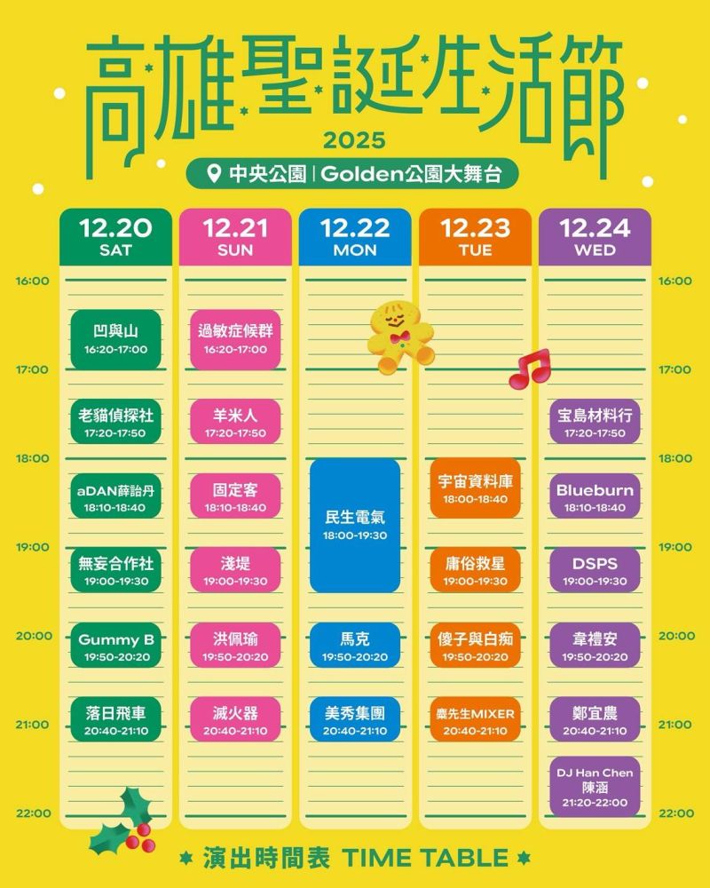 12月20日至24日一連五天的「聖誕黃金週」，除了「心願放大卡」優惠外，還有落日飛車Sunset Rollercoaster、滅火器Fire EX.、美秀集團、麋先生MIXER、鄭宜農、韋禮安等25組超強卡司帶來旗艦級演唱會。